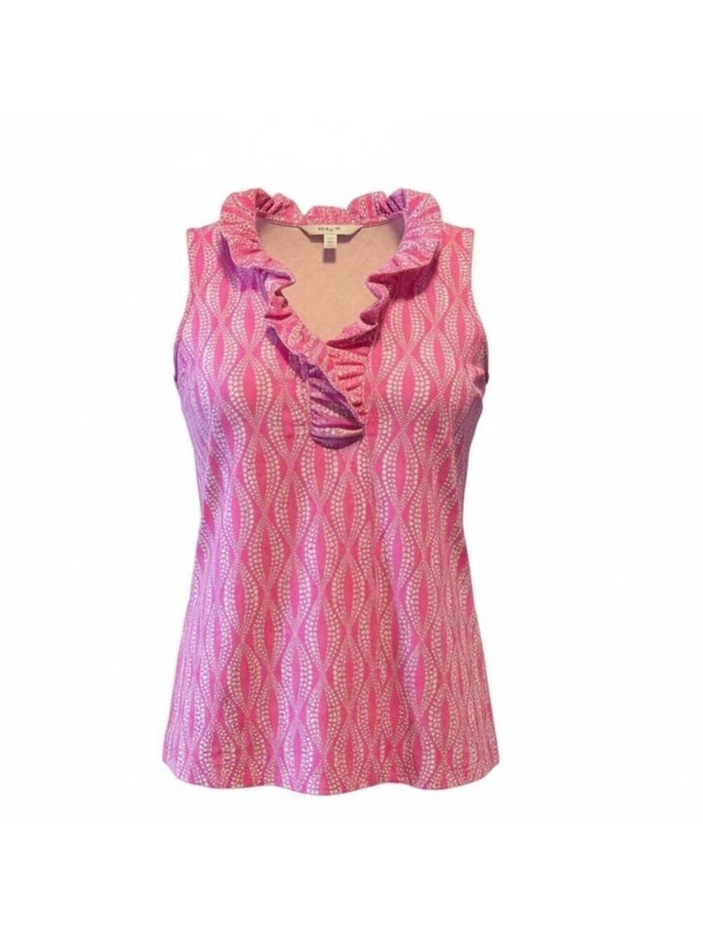 Lulu B Ruffle Neck Sleeveless Top Pink Dots Stretch NWT Size XS - Picture 2 of 8
